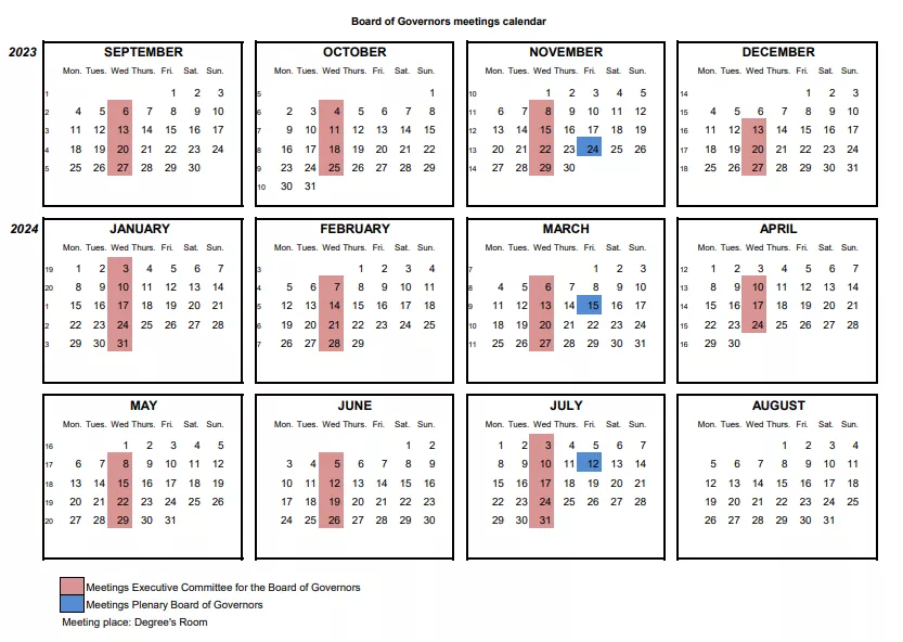 Board of Governors Meetings Calendar