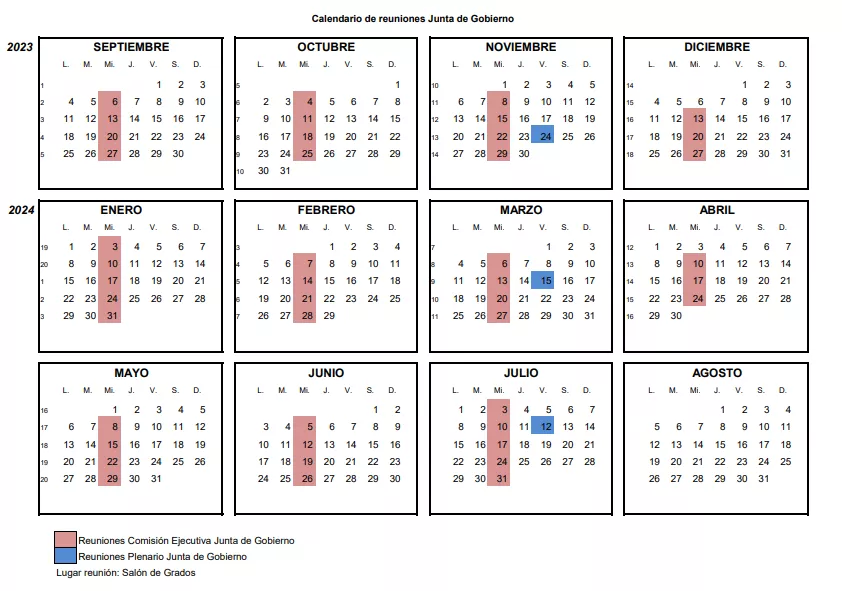 Calendario de reuniones Junta de gobierno 23-24