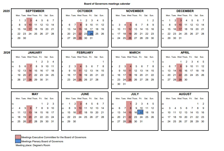 Board of Governors Meetings Calendar
