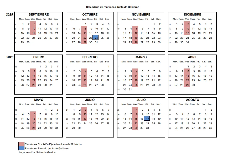 Calendario de reuniones de la Junta de Gobierno