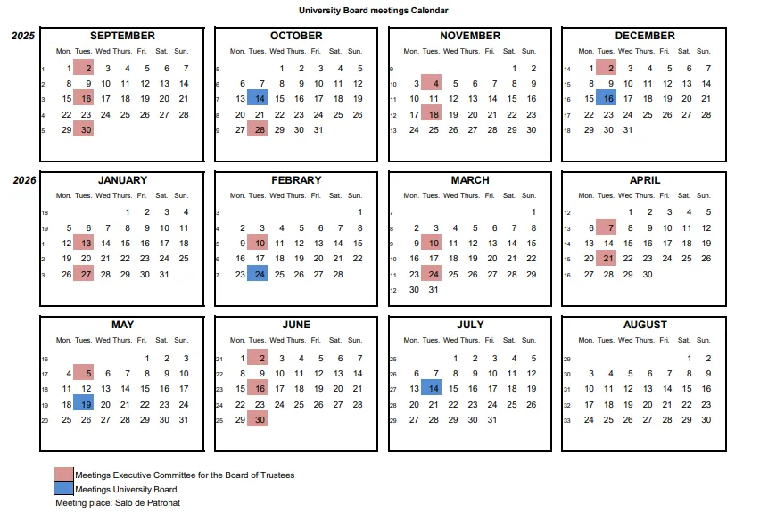 Board University meetings Calendar 25-26